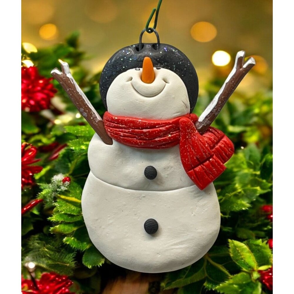 Festive Happy  Snowman Christmas Ornament Red Scarf Black Hat Arms Outstretched